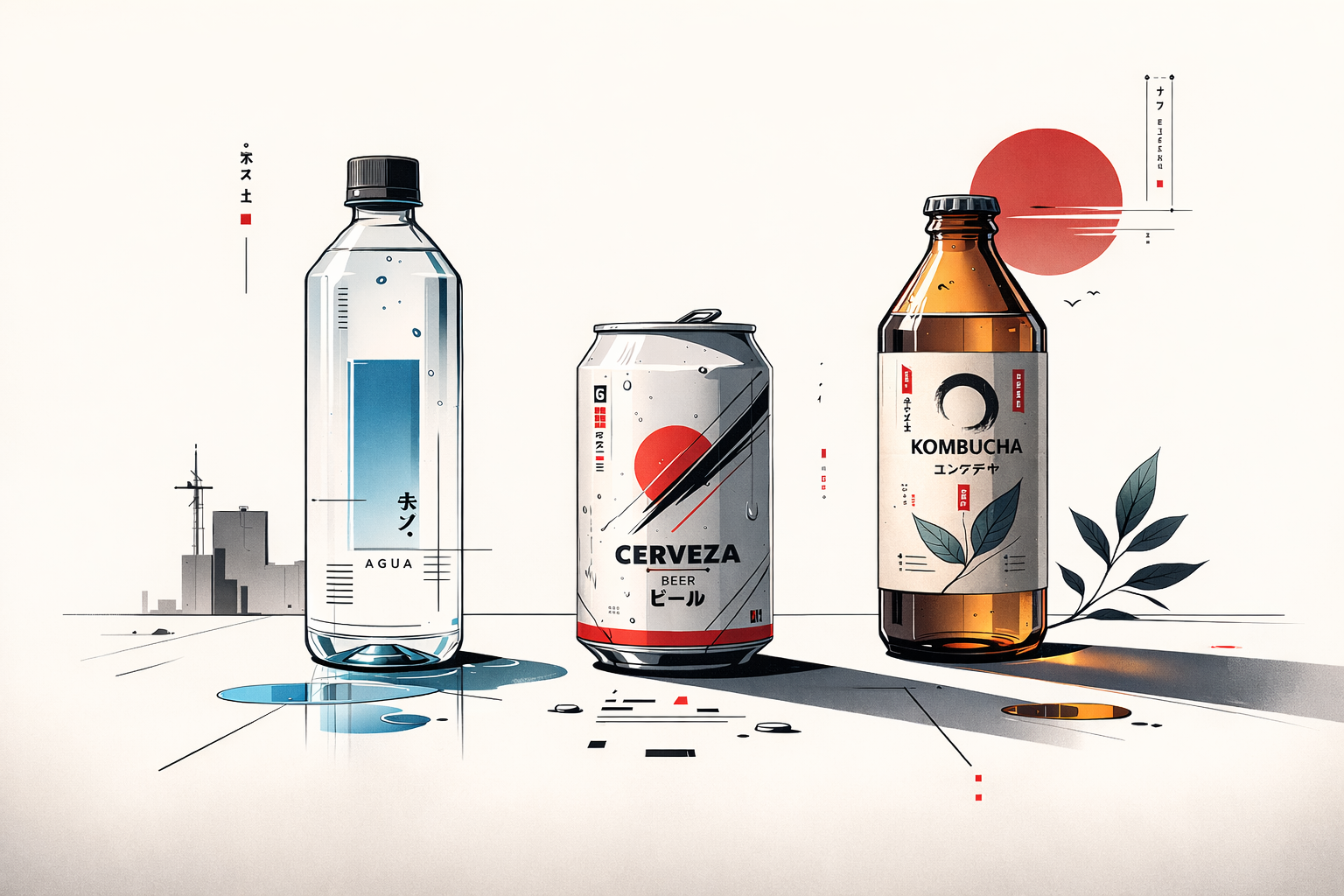 Bebidas. Agua Cerveza y Kombucha