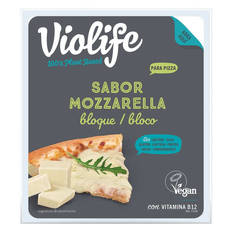 VIOLIFE.  Bloque Vegano para Pizza Sabor Mozzarella. 200 g. Sin gluten