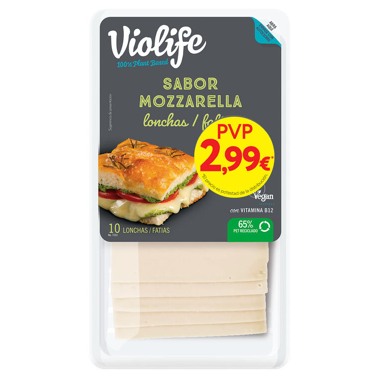 VIOLIFE. Lonchas veganas sabor Mozzarella. 200 g. Sin gluten