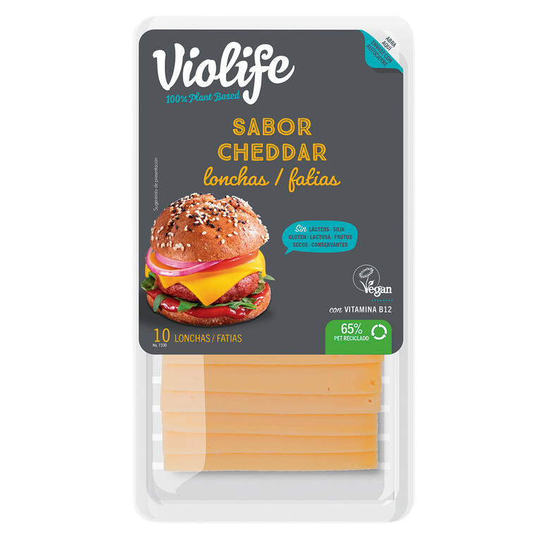 VIOLIFE. Lonchas veganas sabor Cheddar. 200 g. Sin gluten