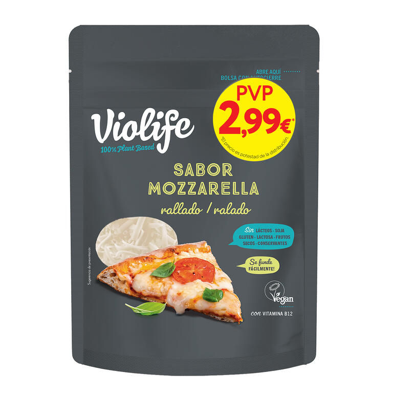 VIOLIFE. Rallado vegano sabor Mozzarella. 200 g. Sin gluten