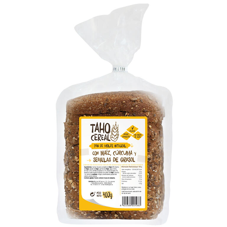 TAHO Pan de Molde Integral con Maíz, Cúrcuma y Pipas 400g