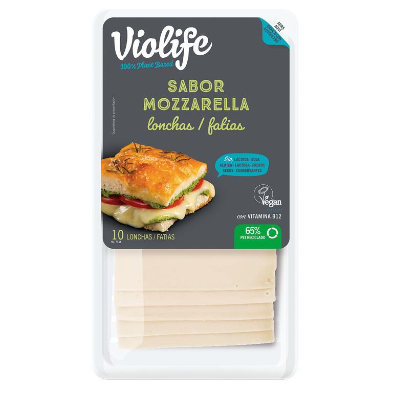 VIOLIFE. Lonchas veganas sabor Mozzarella. 200 g. Sin gluten
